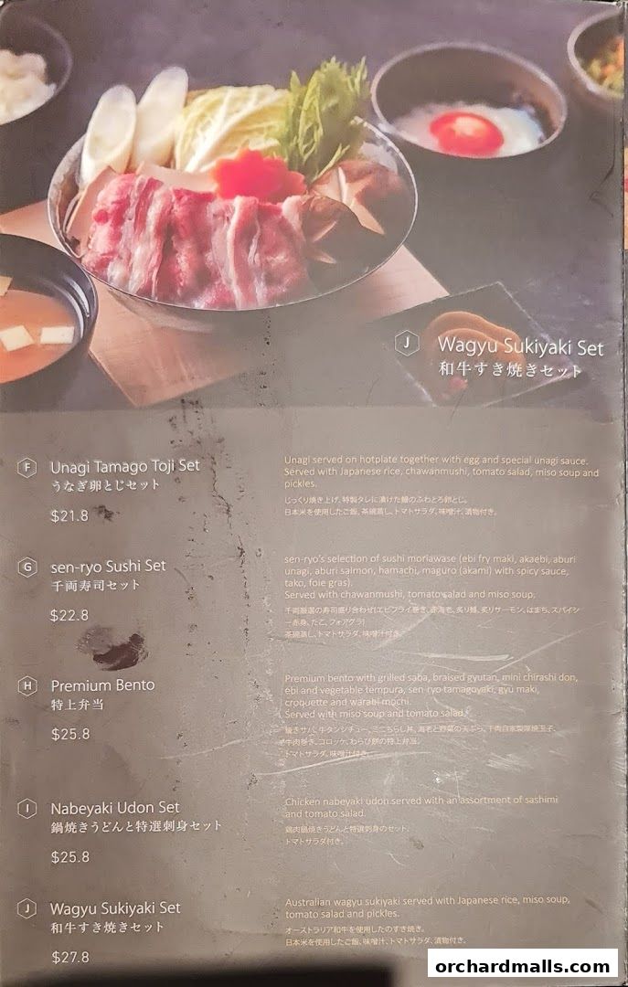 A menu from Sen-ryo featuring Japanese cuisine, including sushi and sukiyaki sets.