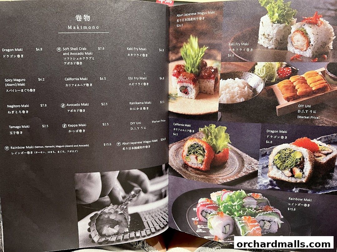 A menu page from Sen-ryo featuring various sushi rolls with prices and images.
