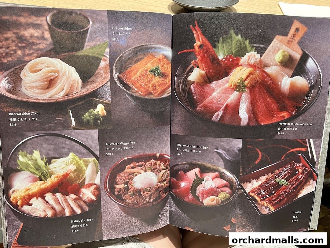 A menu featuring various Japanese dishes including udon, donburi, and unajyu.