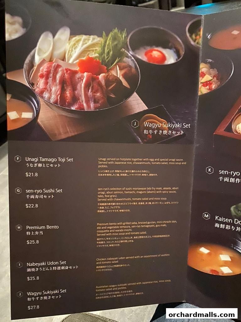 A menu showcasing various Japanese set meals with detailed descriptions and prices.