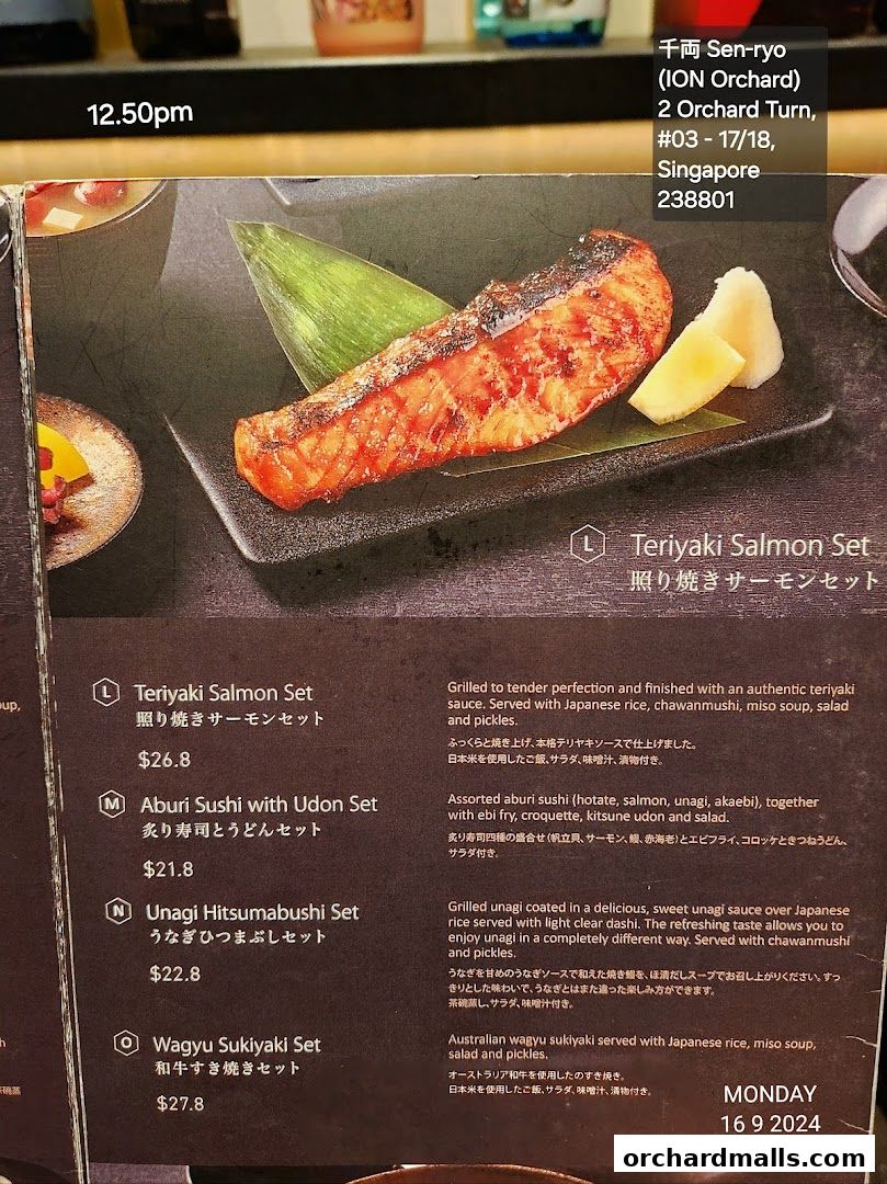 A menu from Sen-ryo featuring Teriyaki Salmon Set, Aburi Sushi with Udon Set, and more.