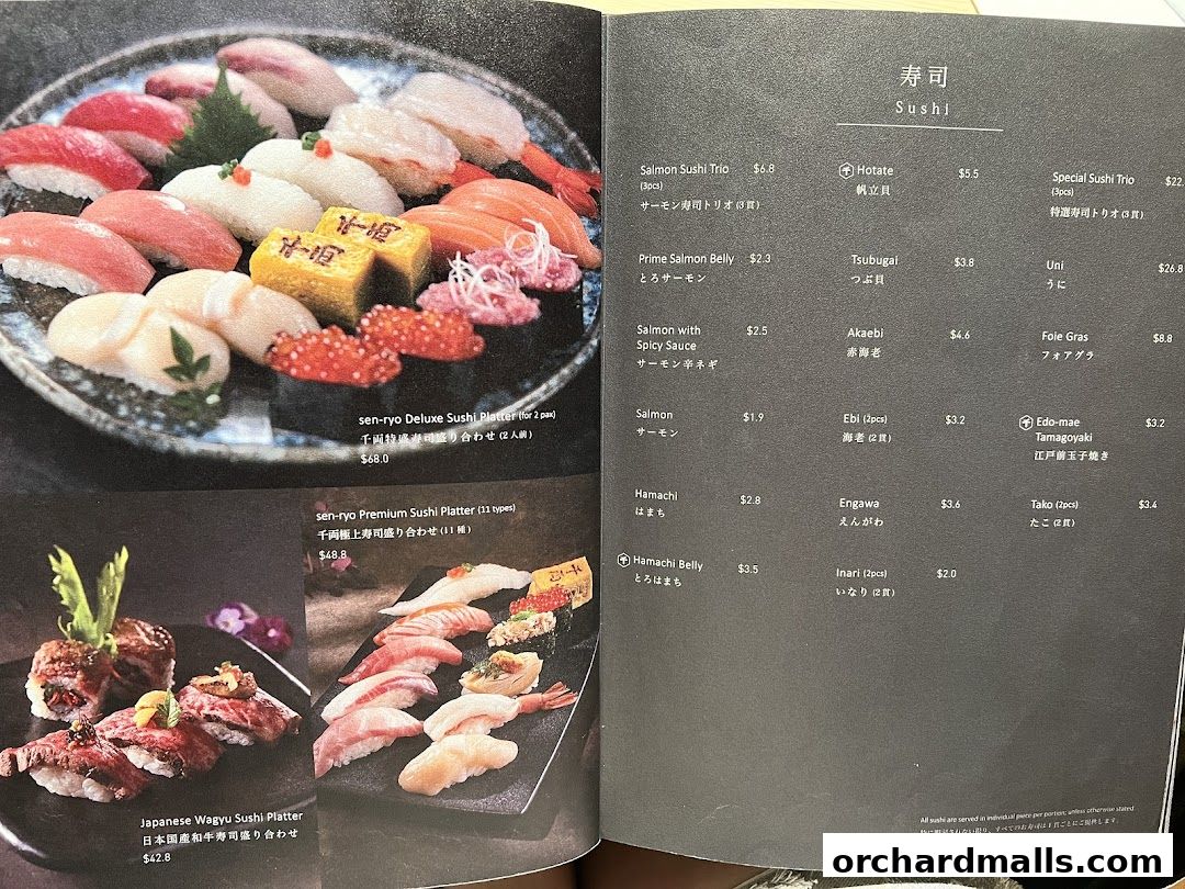 A menu showcasing various sushi platters and individual sushi items with prices.