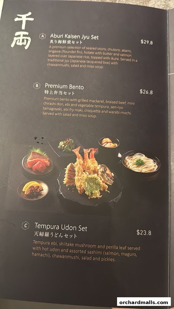 A menu from Sen-Ryo featuring Japanese set meals with descriptions and prices.
