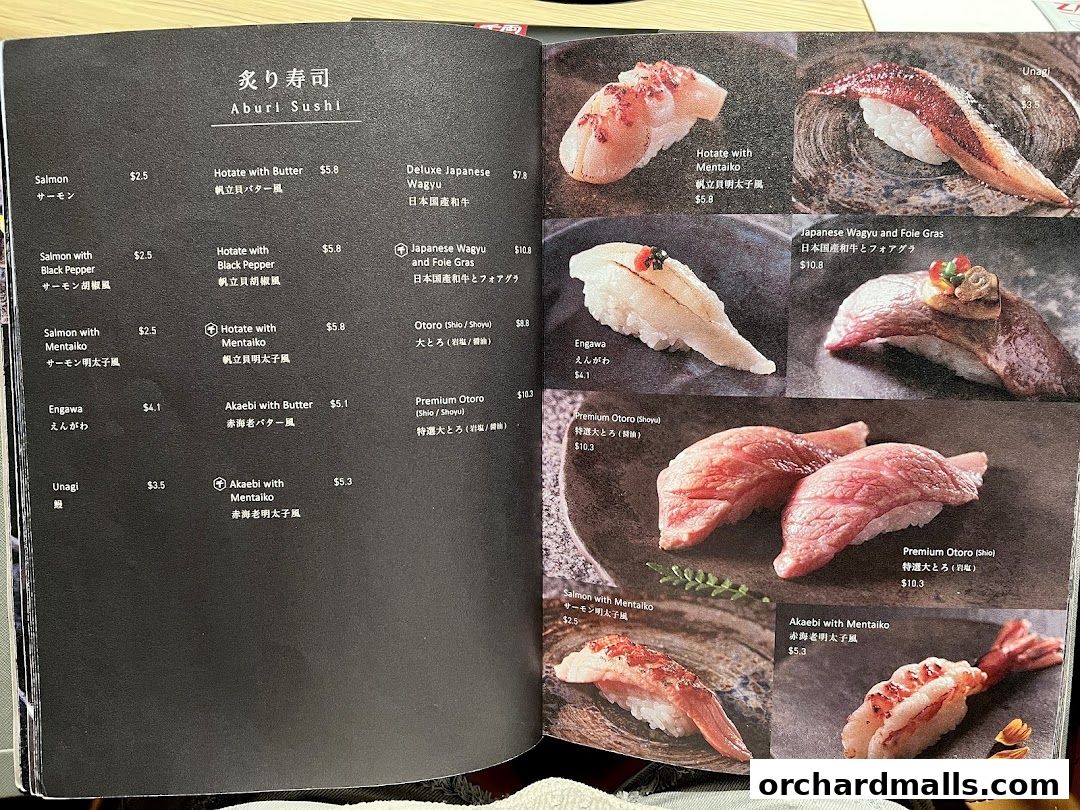 A menu showcasing various types of Aburi Sushi with detailed descriptions and prices.