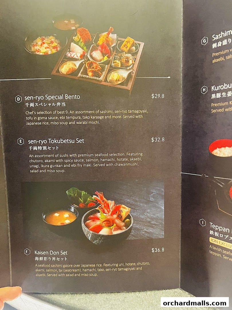 A menu from Sen-ryo featuring various Japanese bento and donburi sets.