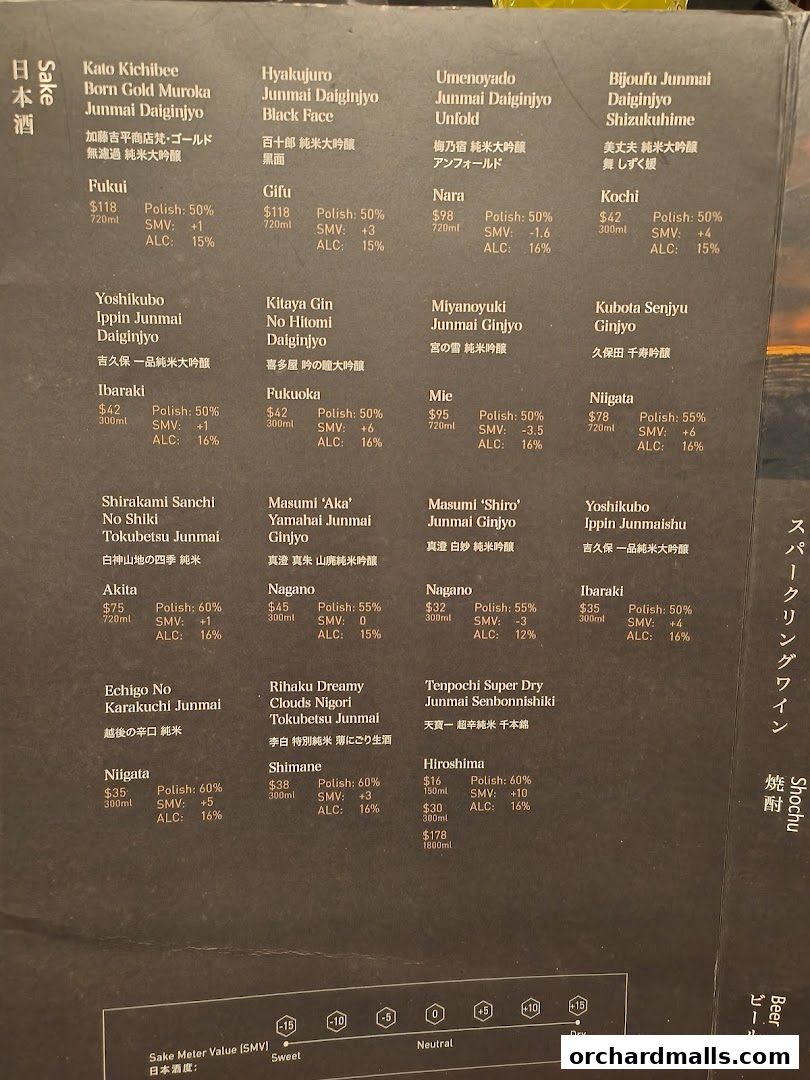 A menu displaying various types of Japanese sake with prices and descriptions.
