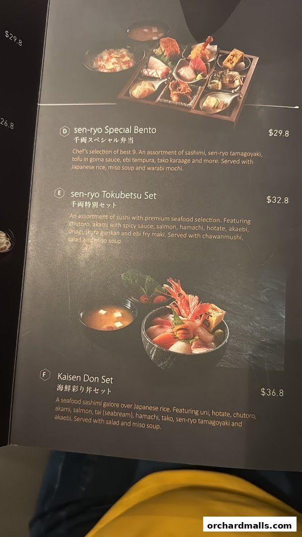 A menu from Sen-Ryo featuring Japanese bento boxes and seafood sets.
