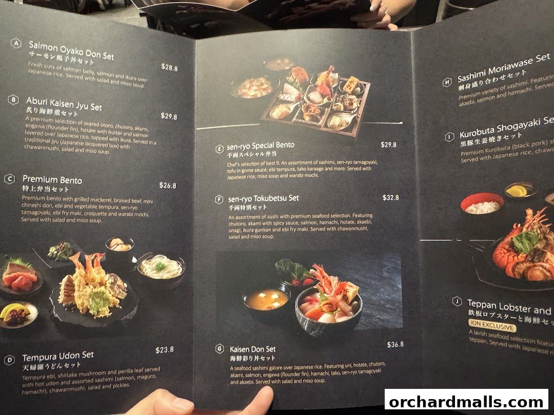 A menu from Sen-ryo featuring various Japanese set meals with prices.