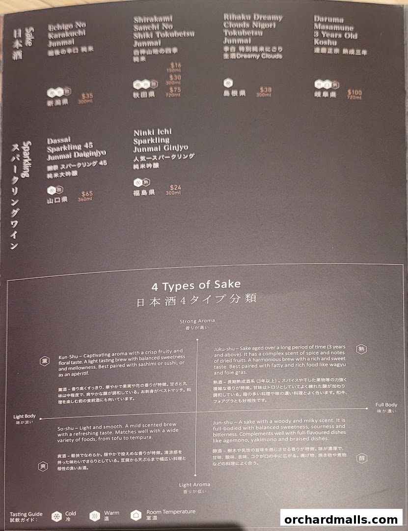 A menu showcasing different types of sake with descriptions and prices.