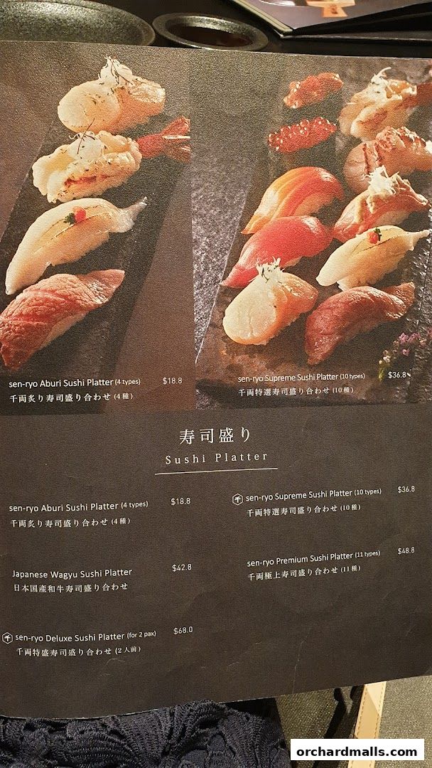 A menu showcasing various sushi platters from sen-ryo, with detailed descriptions and prices.