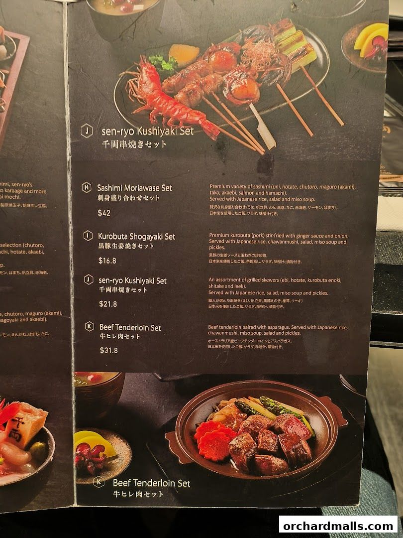 A menu from Sen-Ryo featuring various Japanese sets including sashimi, kushiyaki, and beef tenderloin.