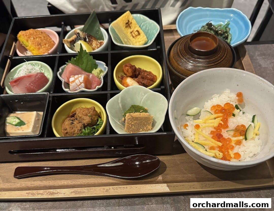 A beautifully presented Japanese bento box with various small dishes and a bowl of rice.