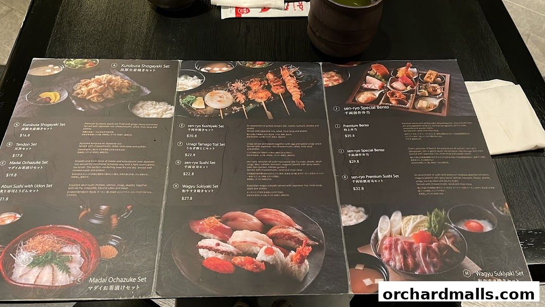 A menu from Sen-ryo featuring various Japanese sets and sushi.