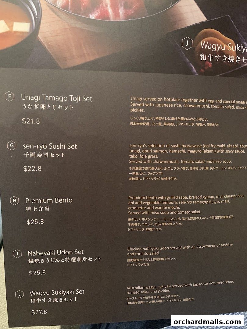 A menu from Sen-ryo featuring various Japanese set meals with prices.