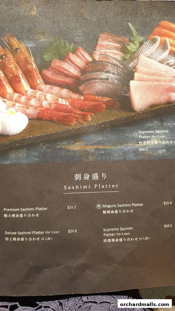 A menu showcasing various sashimi platters with prices and descriptions.