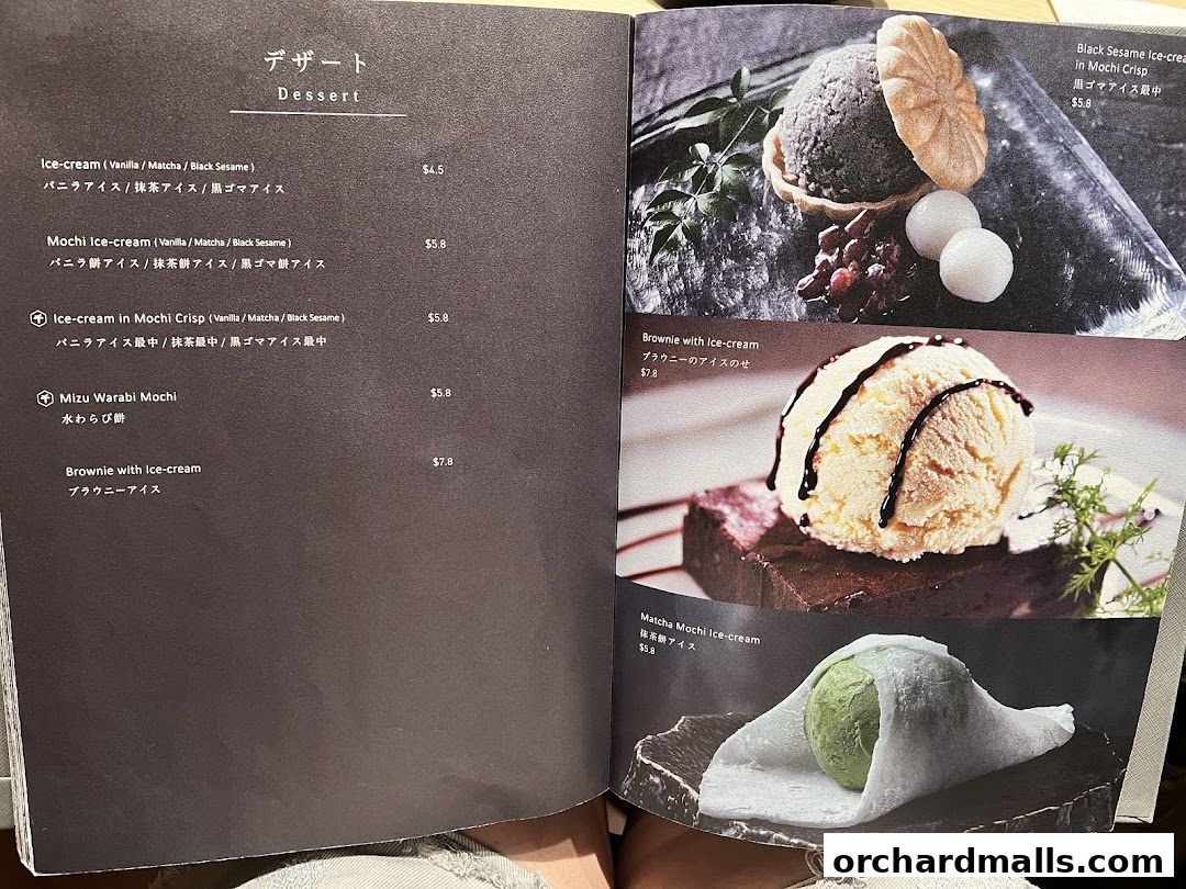 A menu showcasing various Japanese desserts, including ice cream and mochi.