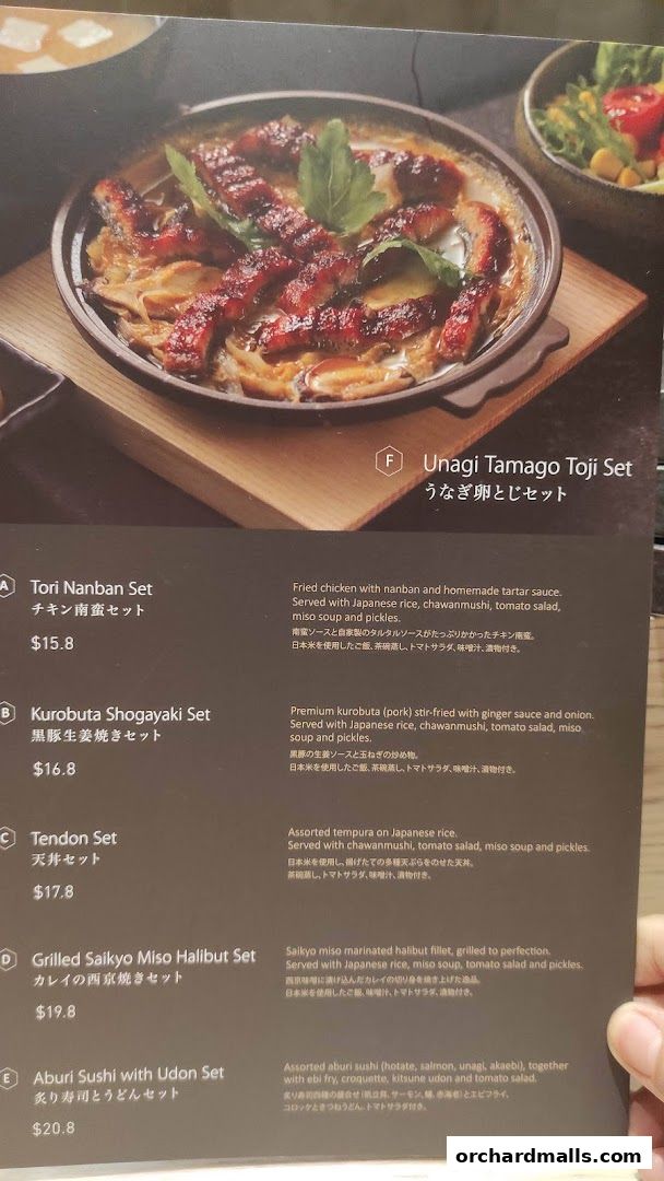 A menu showcasing various Japanese set meals with descriptions and prices.