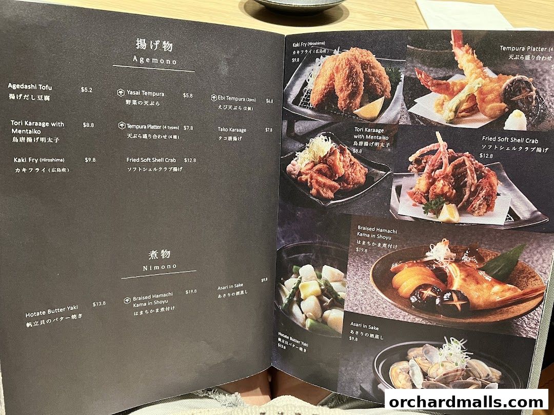 A menu from Sen-ryo featuring Japanese dishes like tempura, karaage, and braised fish.