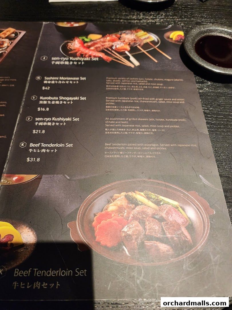 A menu from Sen-ryo featuring various Japanese sets with descriptions and prices.
