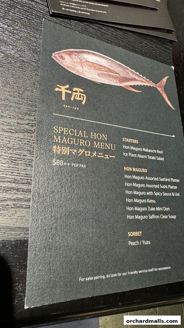 A menu from Sen-Ryo featuring a special Hon Maguro menu with various tuna dishes.