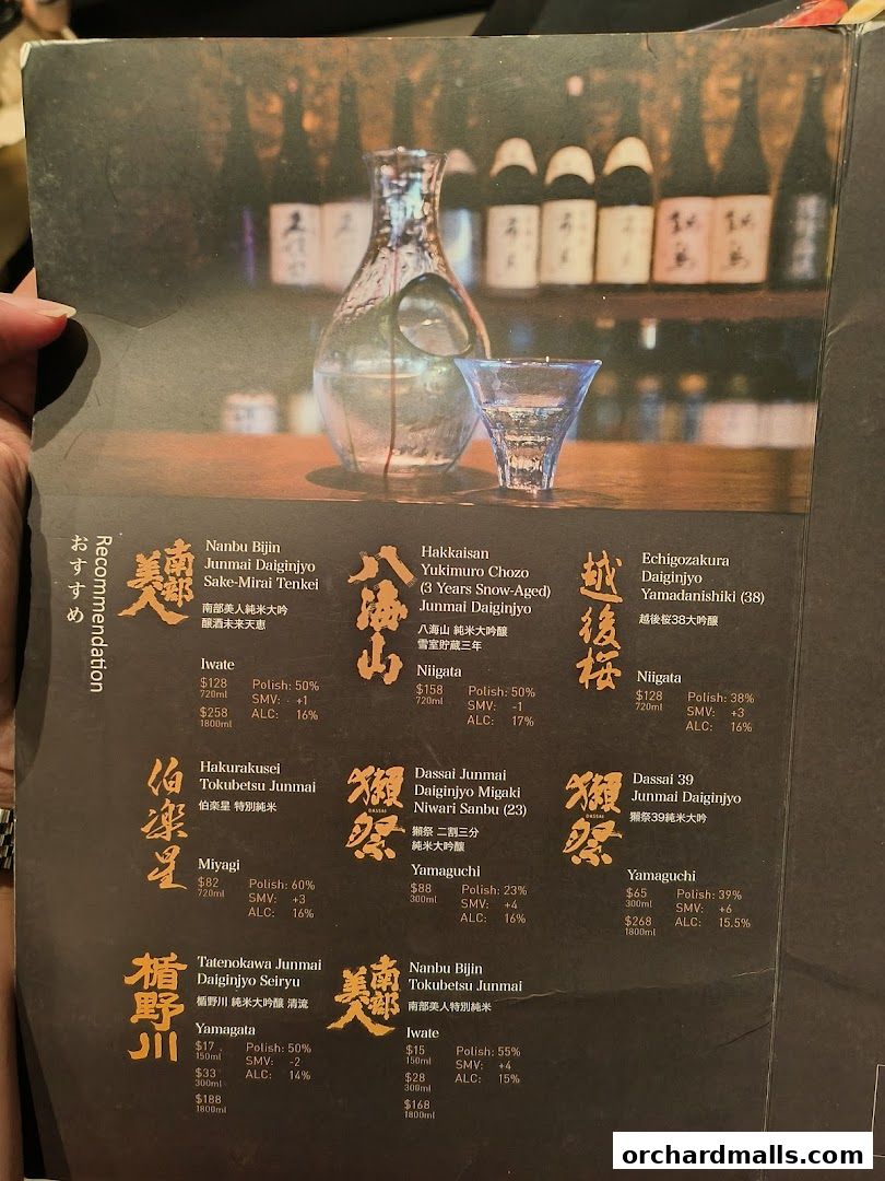 A menu featuring various types of sake with detailed descriptions and prices.