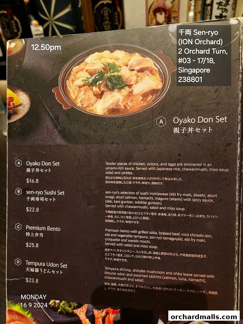A menu from Sen-ryo at ION Orchard featuring various Japanese set meals.