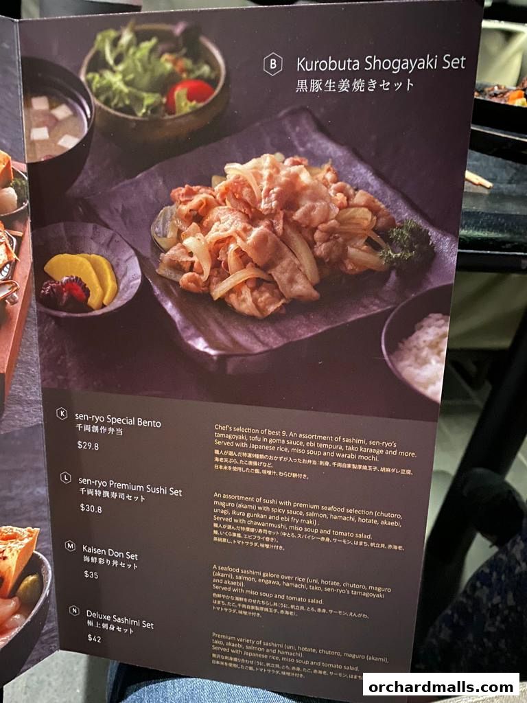 A menu showcasing Japanese dishes including sashimi, sushi, and bento boxes.