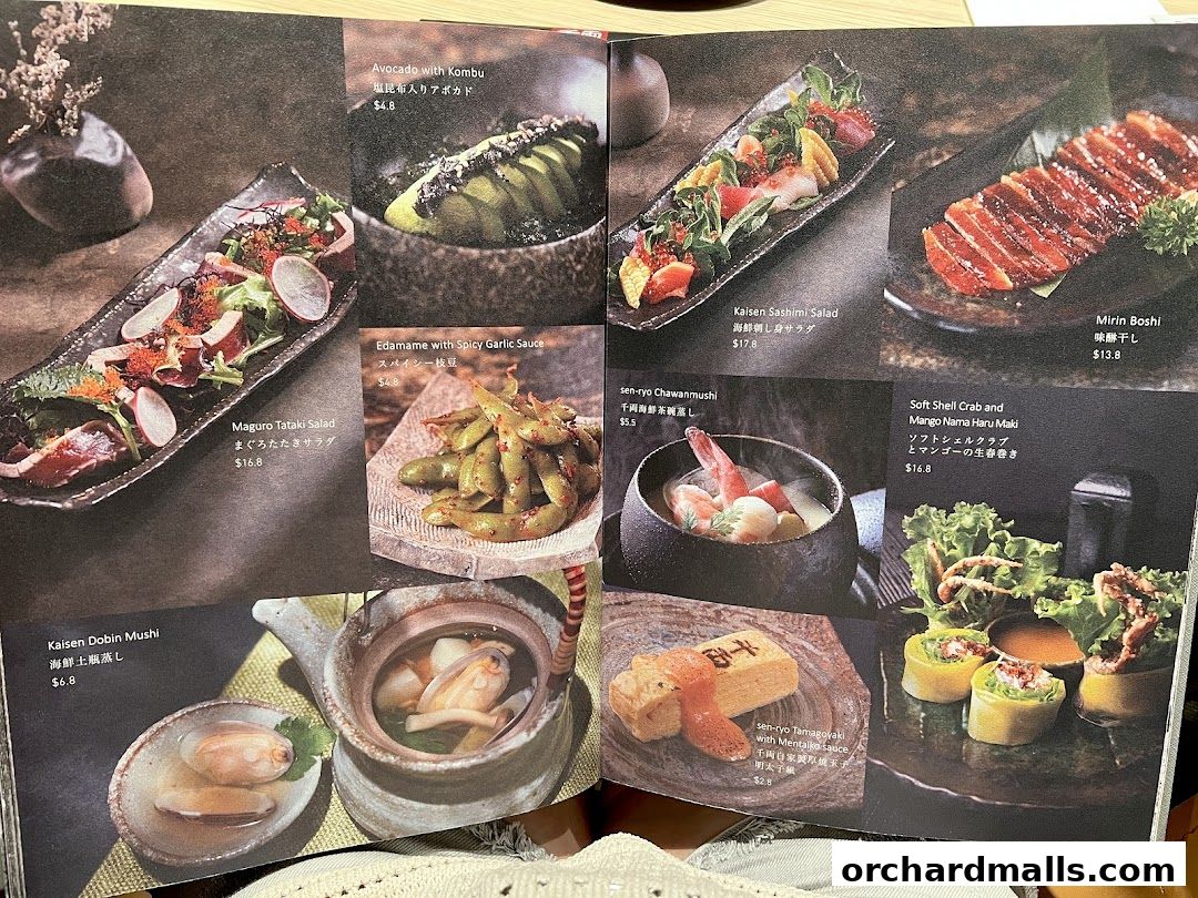A menu featuring various Japanese dishes with appetizing food photography.