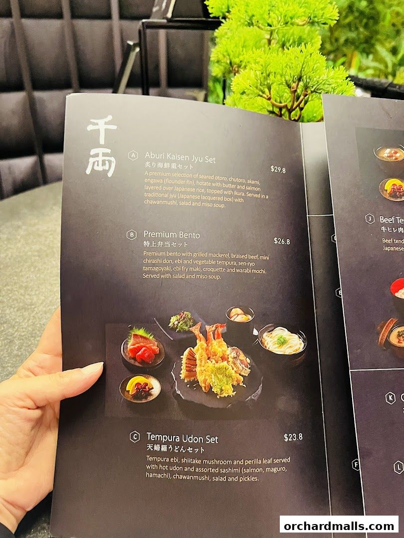 A hand holds a Japanese restaurant menu featuring various set meals with descriptions and prices.