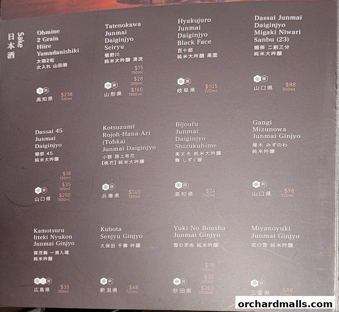 A menu showcasing a variety of Japanese sake with names, descriptions, prices, and origins.