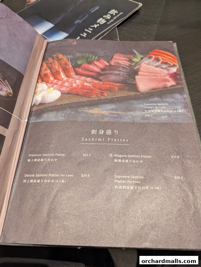 A menu showcasing various sashimi platters with fresh seafood and prices.