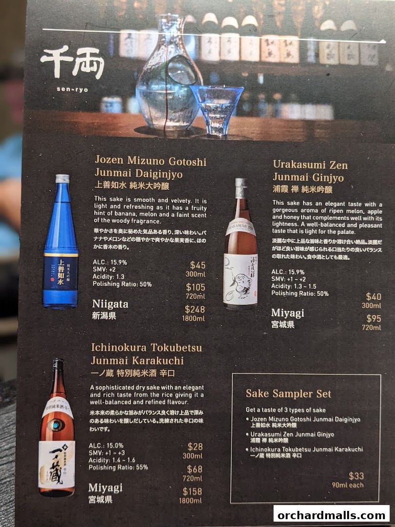 A menu showcasing various types of sake with descriptions and prices.