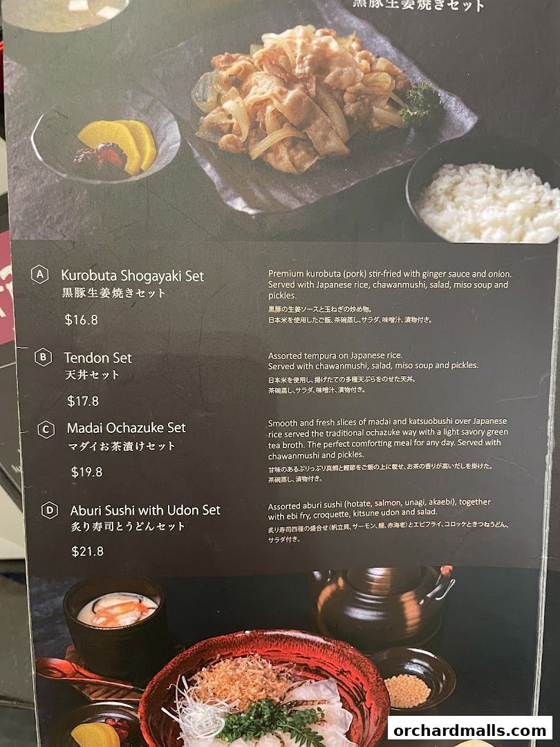A menu showcasing Japanese set meals with descriptions and prices.