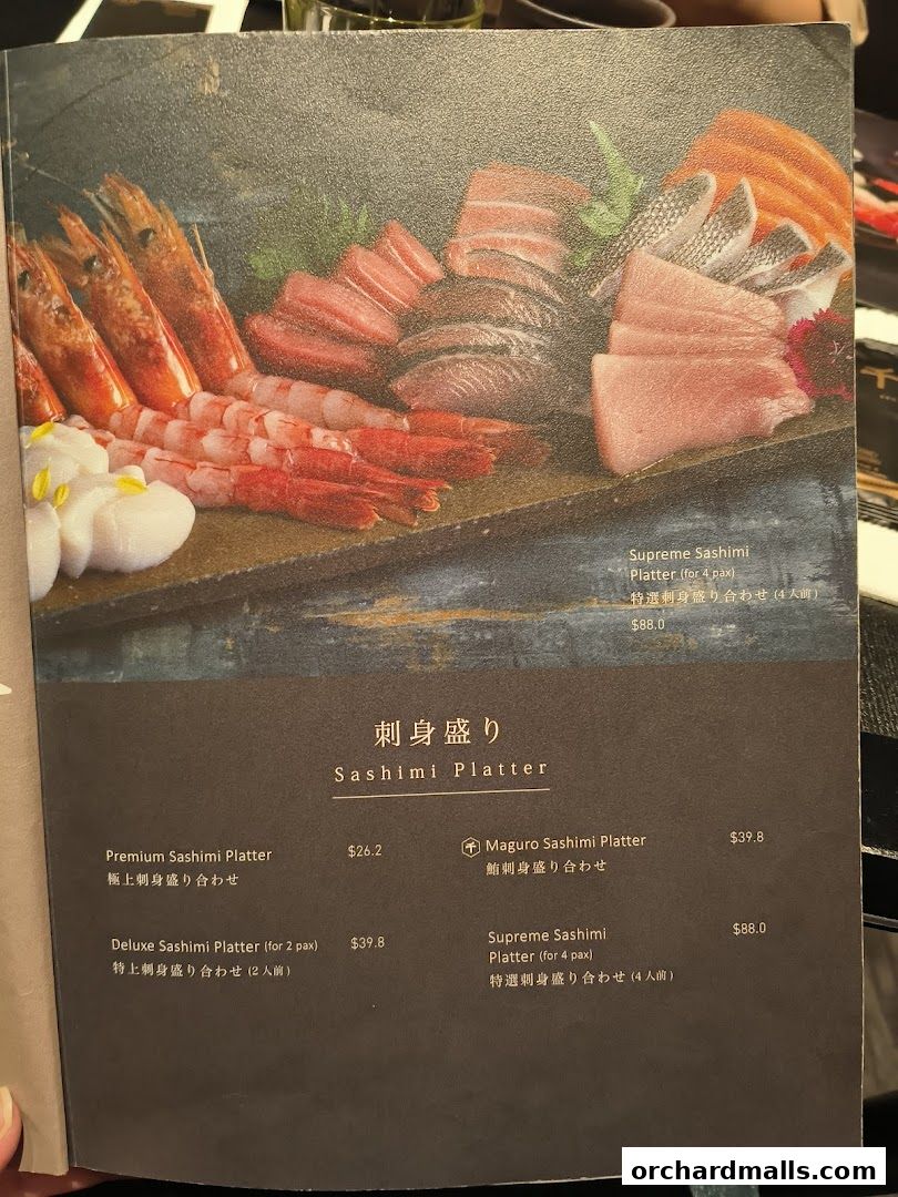 A menu showcasing various sashimi platters with fresh seafood and prices.
