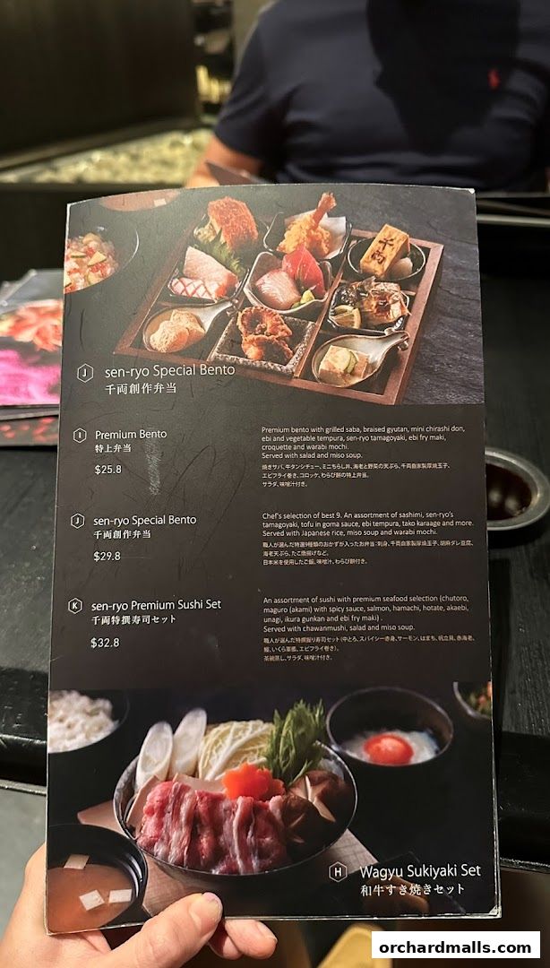 A menu from Sen-ryo featuring bento boxes, sushi sets, and sukiyaki.