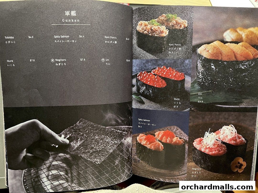 A menu page showcasing various types of Gunkan sushi with prices and images.