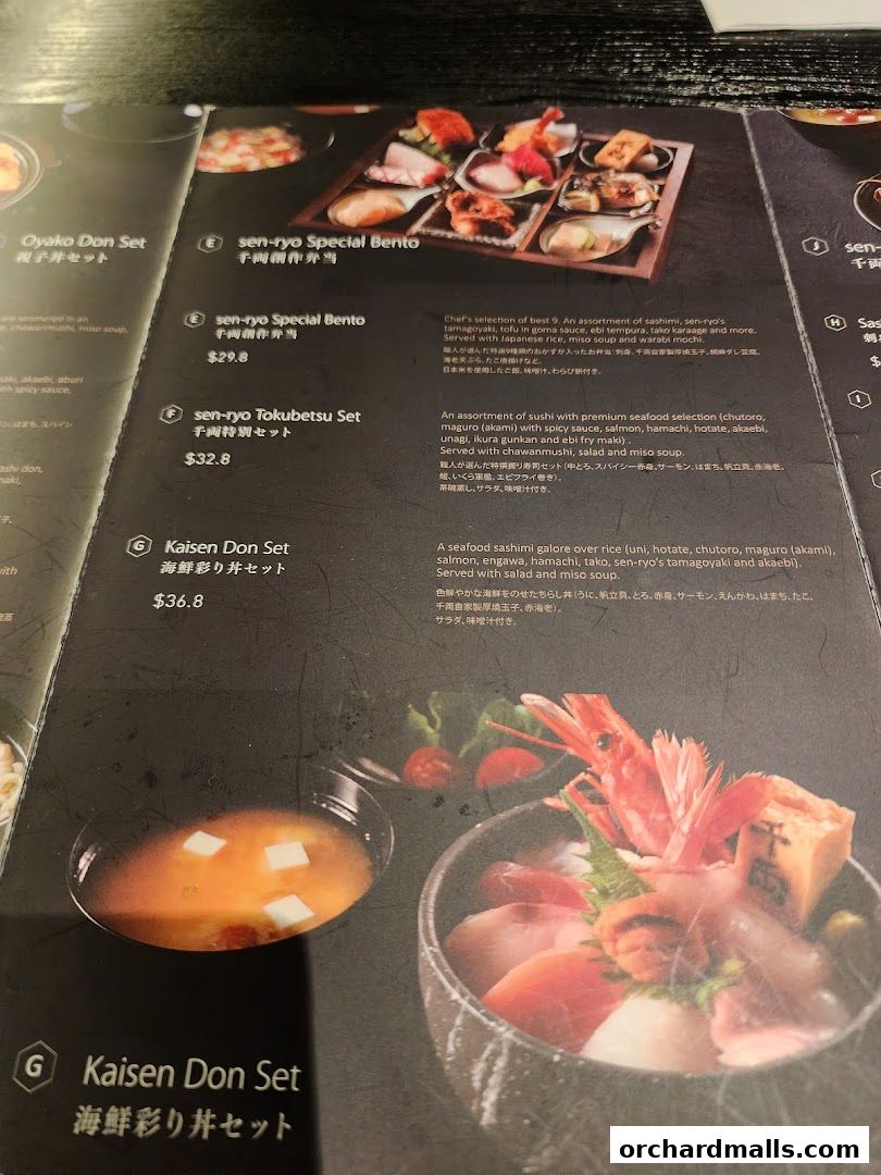 A menu from Sen-ryo featuring various Japanese bento and donburi sets with prices.
