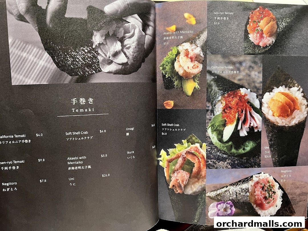 A menu showcasing various temaki sushi rolls with vibrant ingredients and prices.
