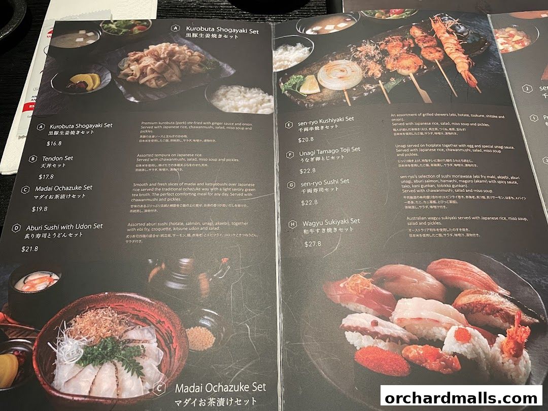 A menu from Sen-ryo featuring various Japanese sets including sushi, skewers, and rice bowls.