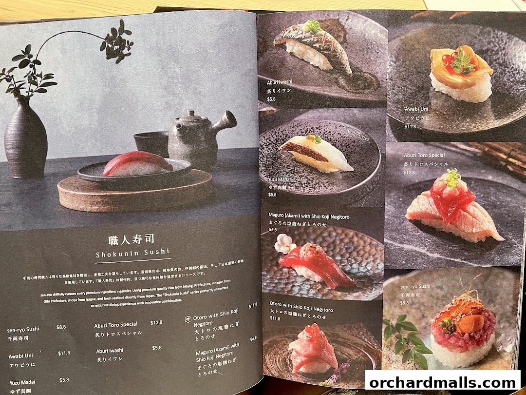 A menu showcasing various premium sushi dishes with detailed descriptions and prices.