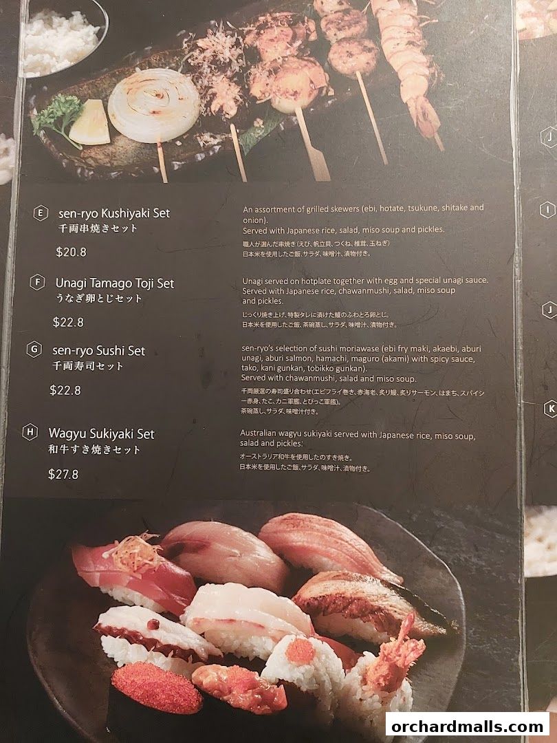 A menu from Sen-ryo featuring various Japanese set meals and sushi.