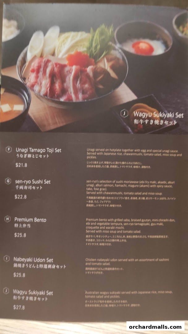 A menu featuring Japanese sets like Wagyu Sukiyaki, Sushi, and Bento boxes.