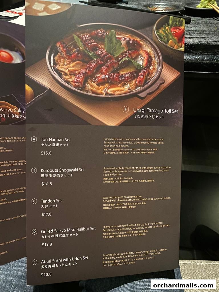 A close-up of a Japanese restaurant menu featuring various set meals with enticing food photography.