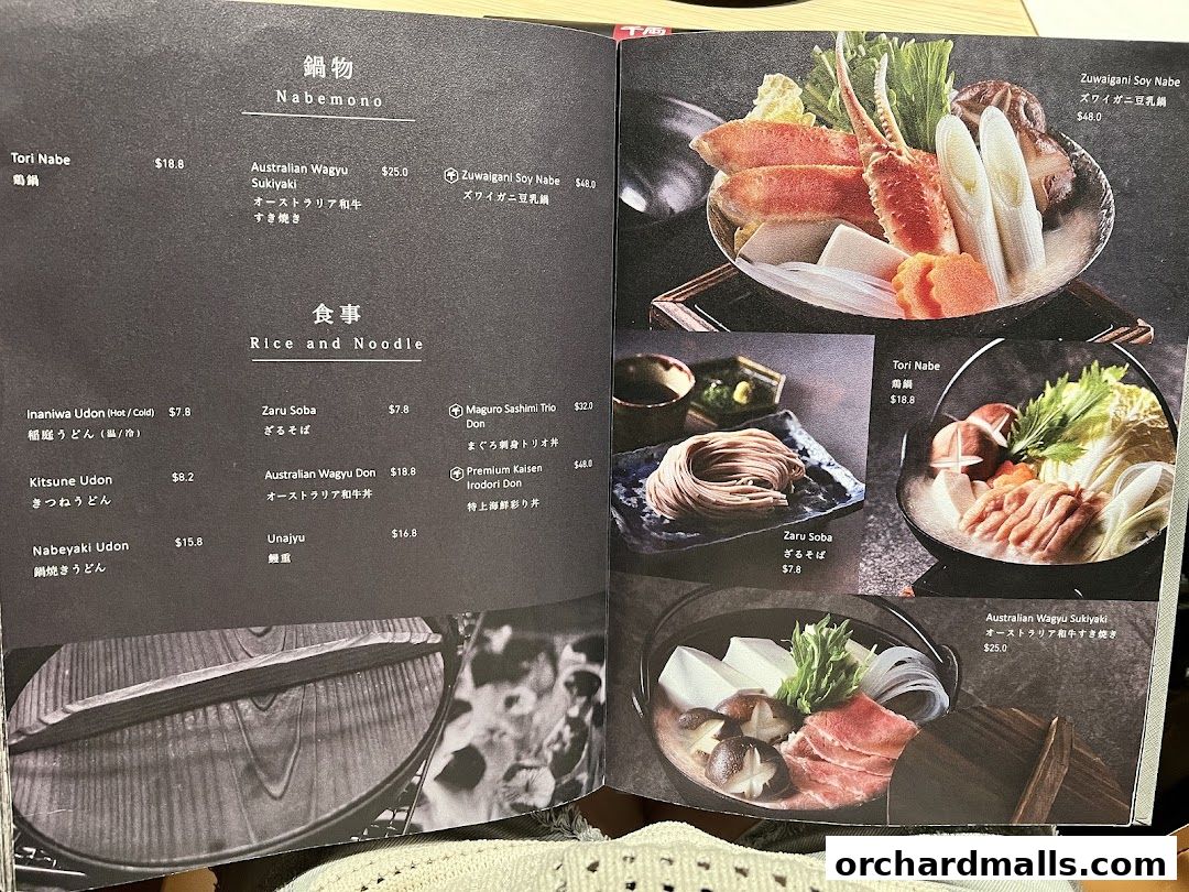 A menu from Sen-Ryo featuring Japanese hot pot dishes and rice/noodle options.