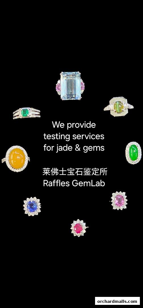 Raffles GemLab offers testing services for jade and gems, showcasing various rings.