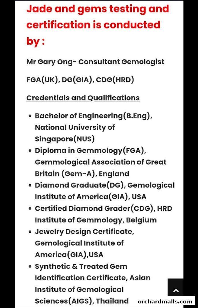 Information about jade and gem testing and certification by Mr Gary Ong.