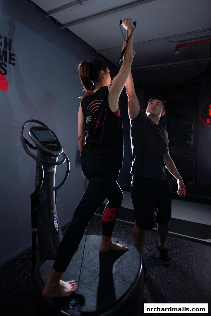 A trainer assists a client with a resistance band exercise on a vibration plate.