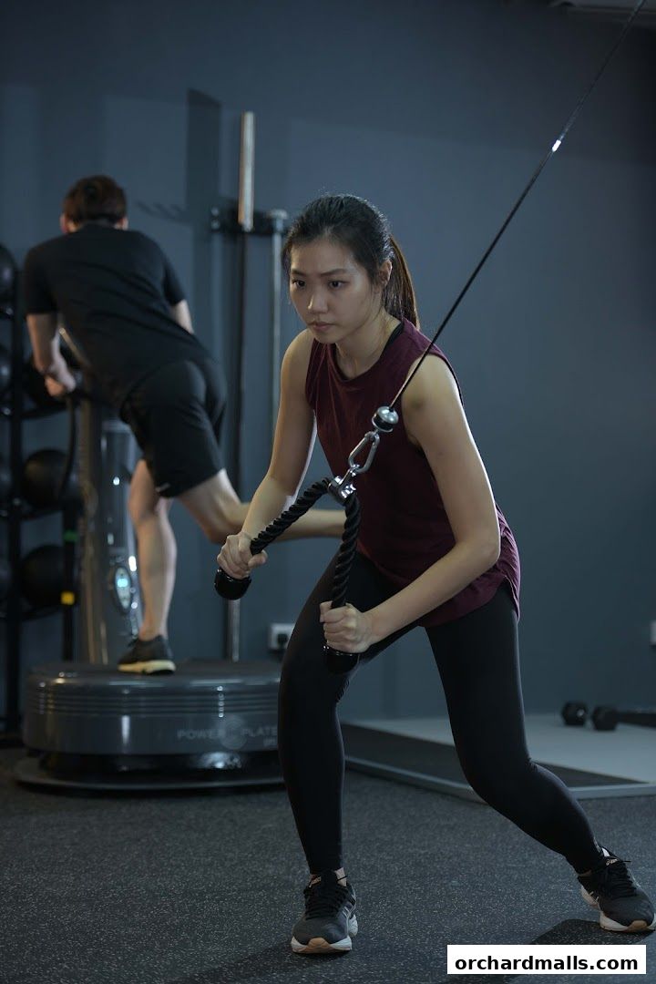 A woman is performing a cable machine exercise while a man uses a power plate in the background.
