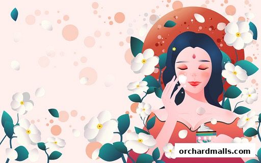 Illustration of a woman applying skincare product surrounded by white flowers and soft pink circles.