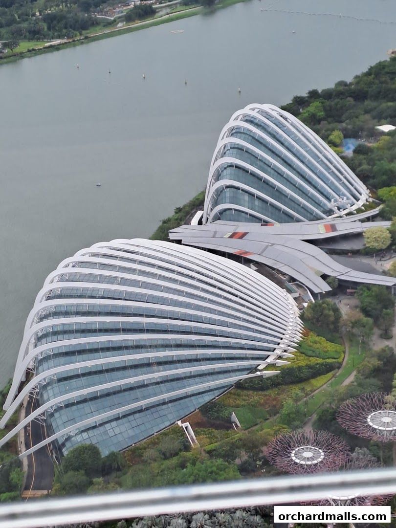 Aerial view of the iconic Flower Dome and Cloud Forest conservatories at Gardens by the Bay.